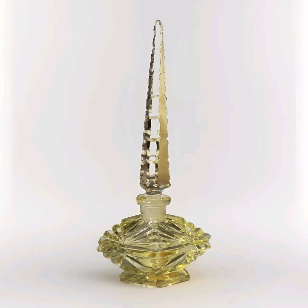 Rare 1930s Vintage Czech Perfume Bottle Citrine Yellow Long Faceted Dauber IRice